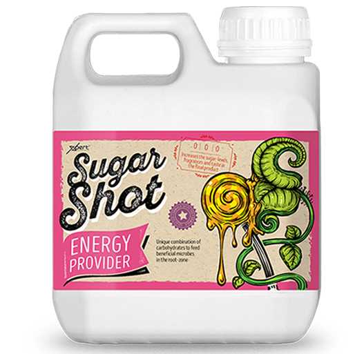 Xpert Nutrients Sugar Shot Frasco branco com rótulo rosa e bege do produto Sugar Shot Energy Provider