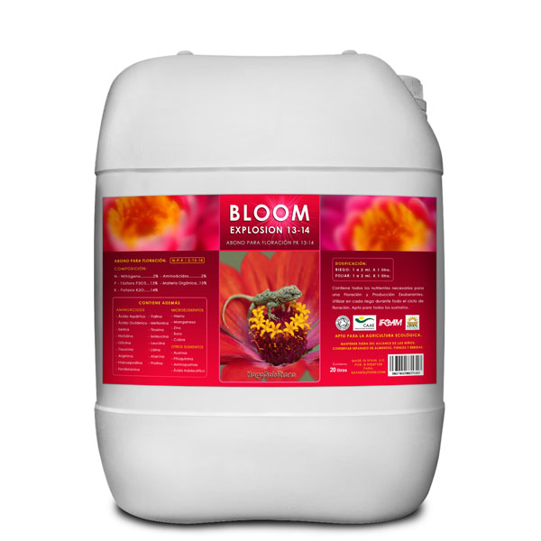 Bloom Explosion 20 lt . Kayasolutions Bidão branco com etiqueta vermelha e rosa de adubo BLOOM EXPLOSION 13-14 com imagem de flor e lagarto