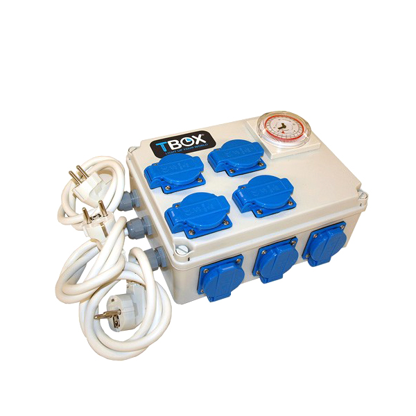 Temporizador TBOX 12 (12x600-630w) C/ativador aquecimento Caixa elétrica com tomadas azuis e temporizador analógico
