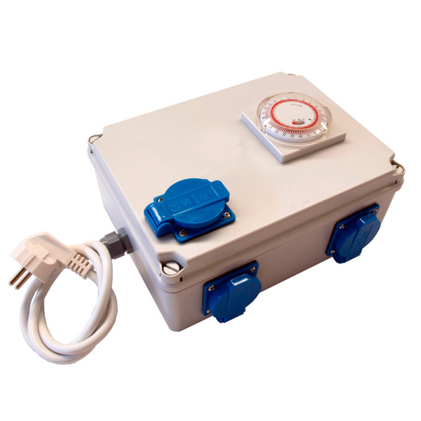 Temporizador TBOX 4H 4x600w C/activador aquecimento Caixa elétrica cinzenta com temporizador e tomadas azuis