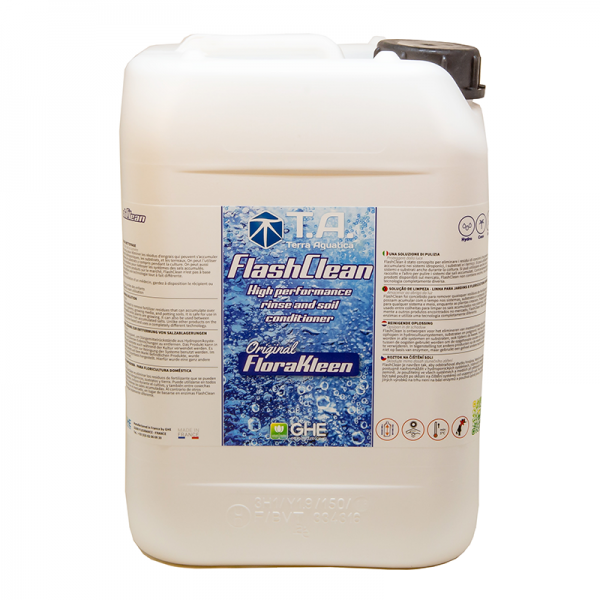 FlashClean 10L Bidão branco plástico com rótulo azul e texto em inglês de produto químico