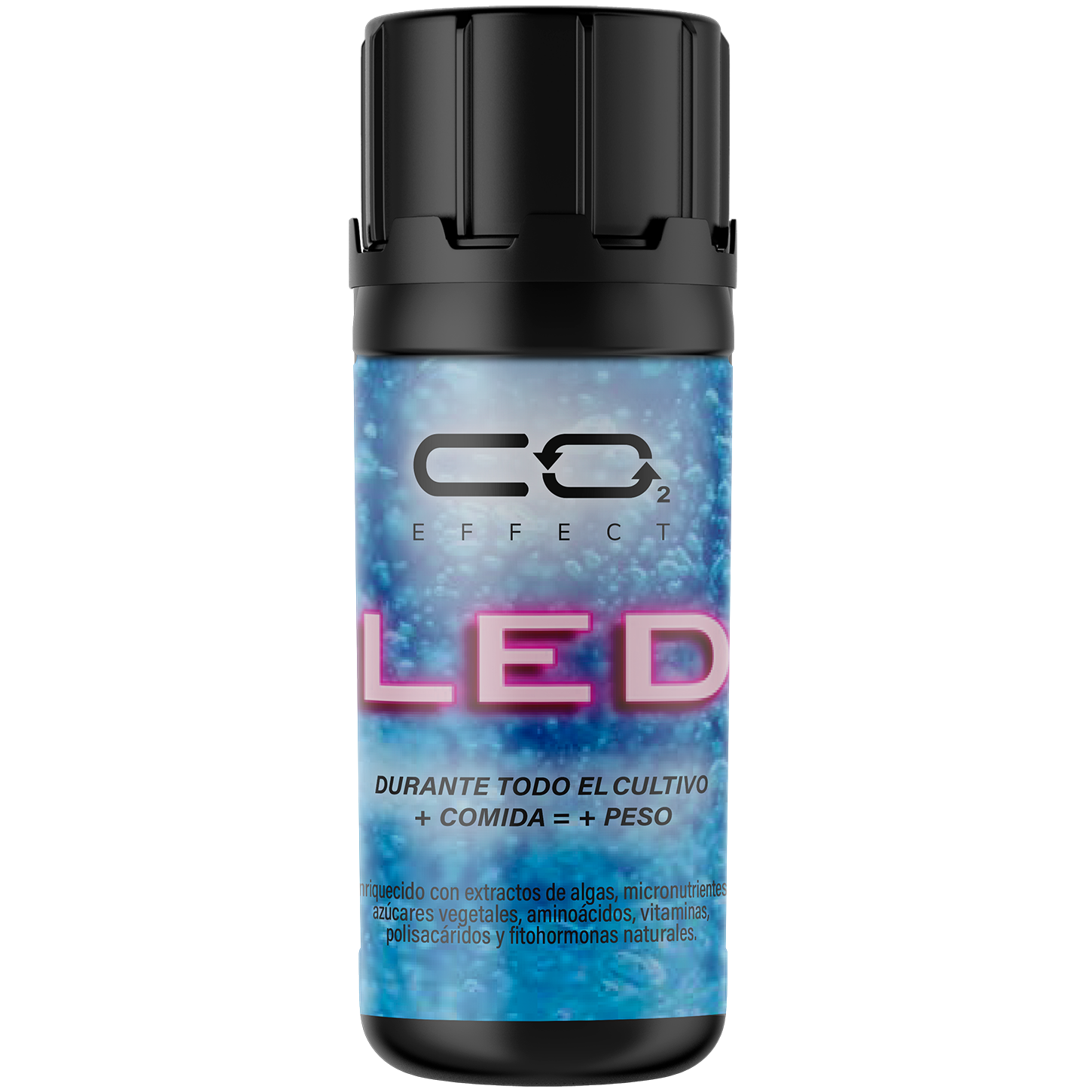 Bioestimulante CO2 Effect LED Frasco preto com rótulo azul com texto CO2 EFFECT LED