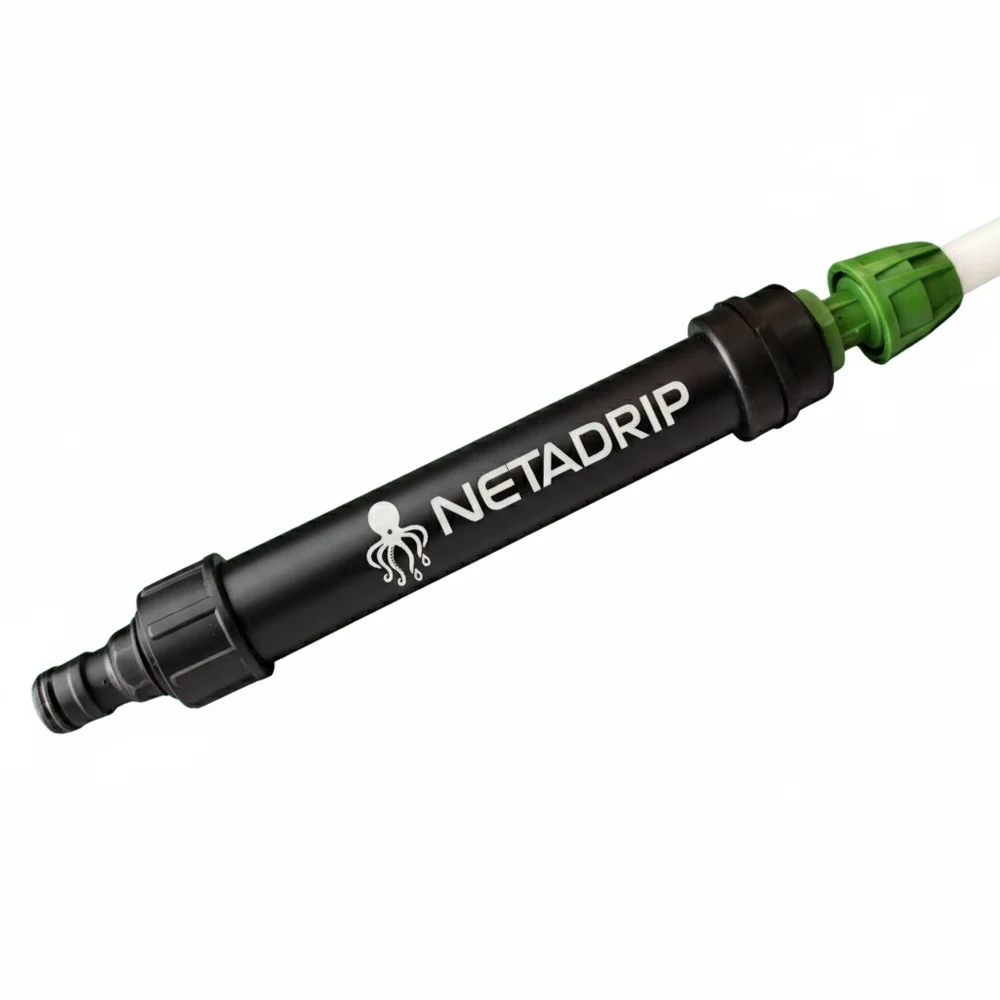 FILTRO DE REDE EM LINHA 125 MICRAS NETADRIP Conector de rega preto com conexão verde e branca e texto NETADRIP