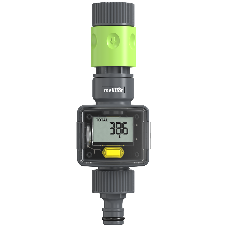 Meliflor Aqualimetro (Controlo de Rega) Contador digital de água Meliflór com visor LCD e adaptadores preto e verde