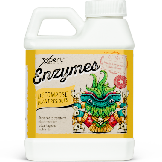Xpert Nutrients Enzymes Frasco branco com rótulo amarelo de Enzymes para decompor resíduos vegetais