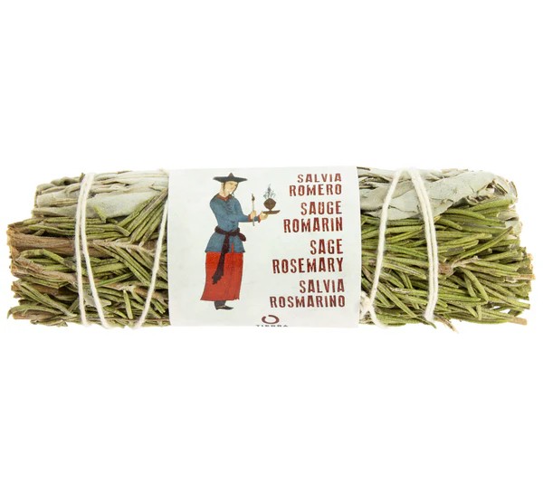 Salvia Branca & Romero Atado 8 a 10 cm. Feixe de ervas secas com etiqueta e texto multilingue