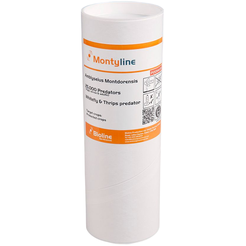 Montyline - Tubo com 25.000 indivíduos - Amblyseius montdorensis (Trips / Mosca-branca) Embalagem cilíndrica branca com etiqueta branca e laranja e texto sobre predadores agrícolas