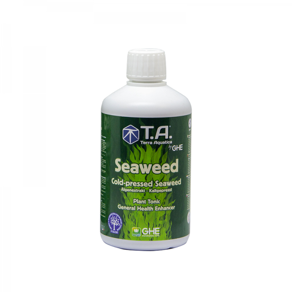 Seaweed 500ml Frasco branco com rótulo verde de produto Seaweed T.A Terra Aquatica para plantas