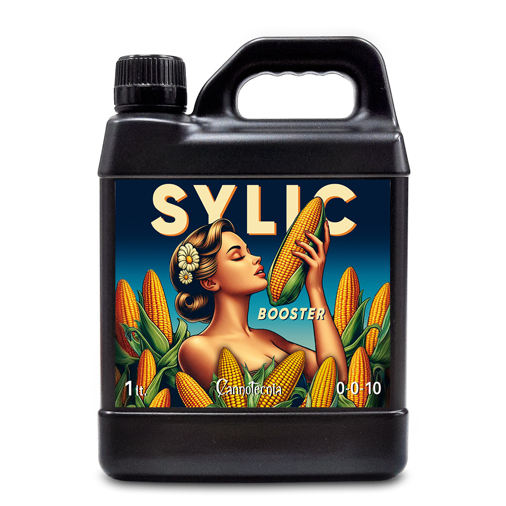 Sylic Booster - 1 L Recipiente preto de plástico com rótulo colorido ilustrando mulher e milho
