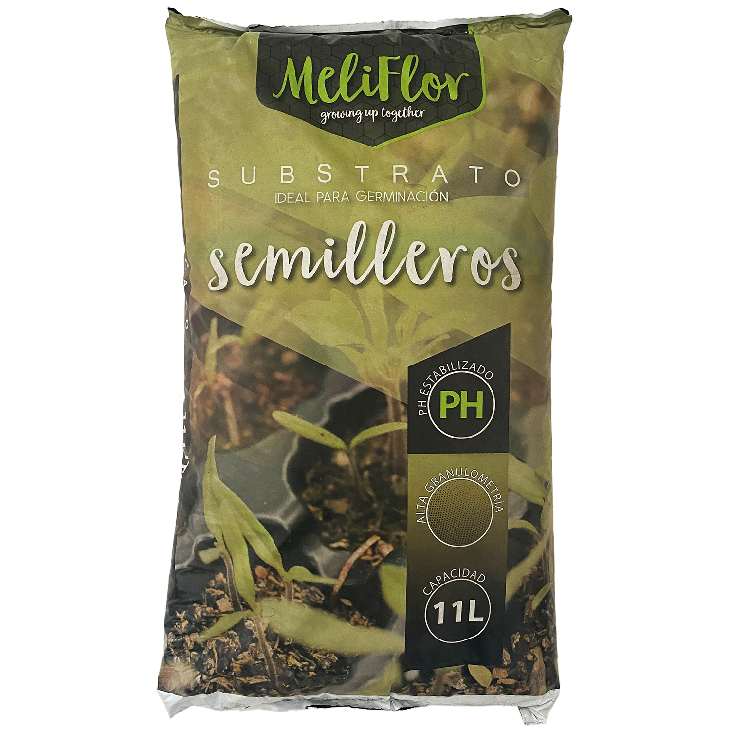 Substrato Meliflor - Sementeira Saco de substrato para sementeiros Meliflor verde com planta jovem