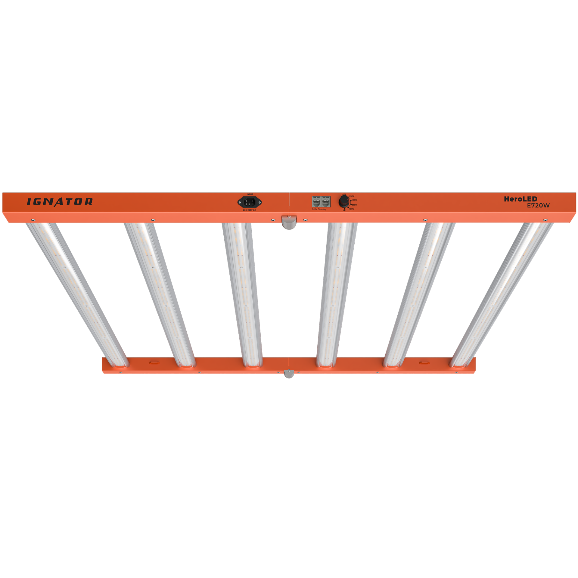 Ignator HeroLED E720W Luminária LED industrial laranja com seis tubos e texto IGNATOR e HeroLED E720W