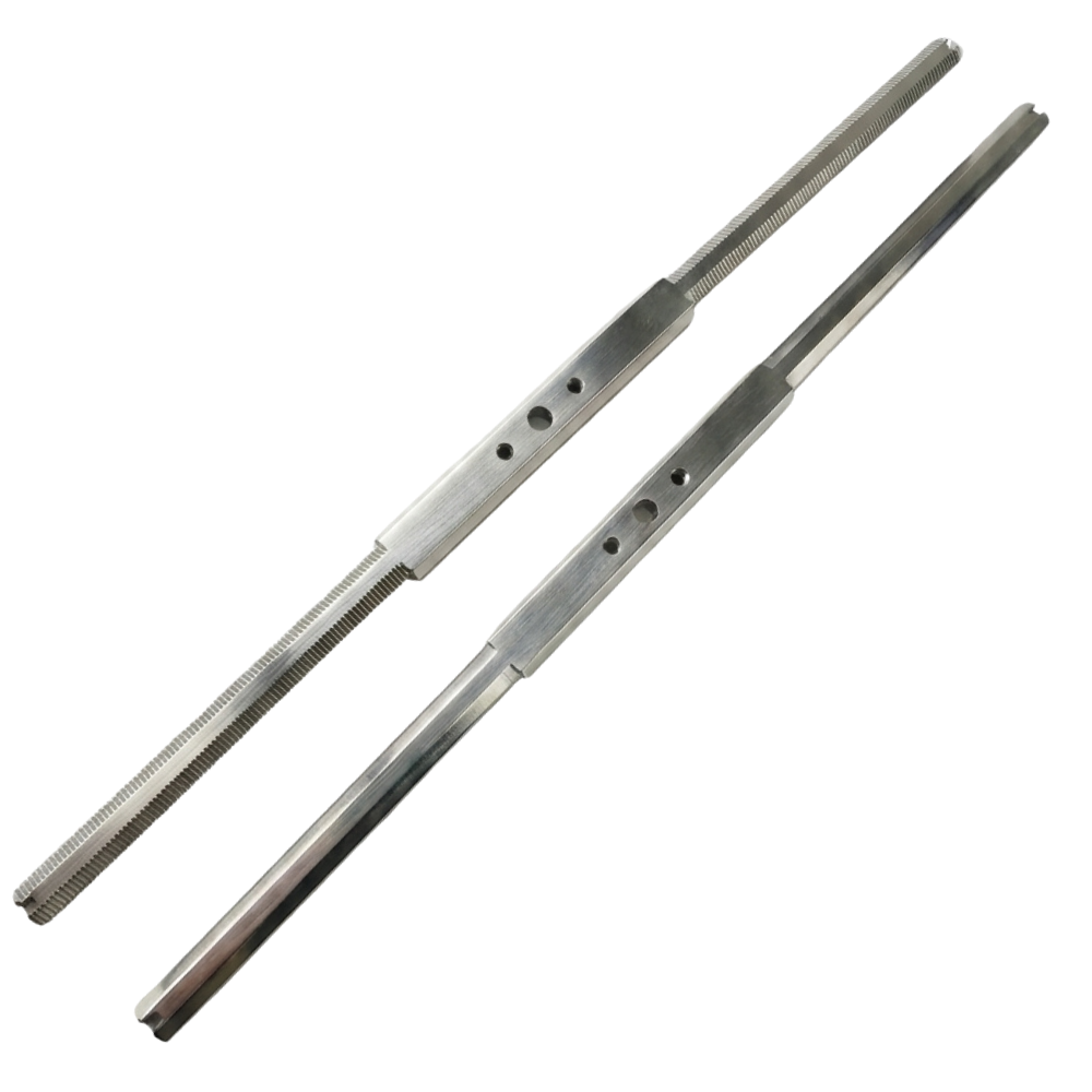 Qnubu Pack 2 lâminas Trimmer Manual 40cm (Dentada e Lisa) duas barras metálicas prateadas com furos e ranhuras