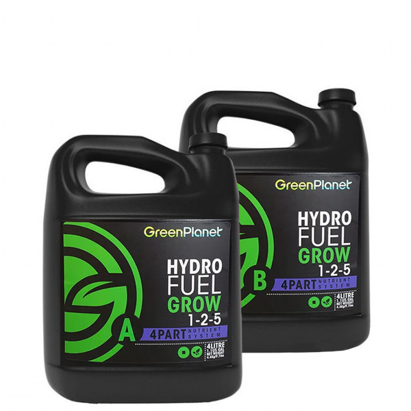 Hydro Fuel Grow A+B Dois recipientes pretos de fertilizante líquido com rótulos da marca GreenPlanet Hydro Fuel Grow
