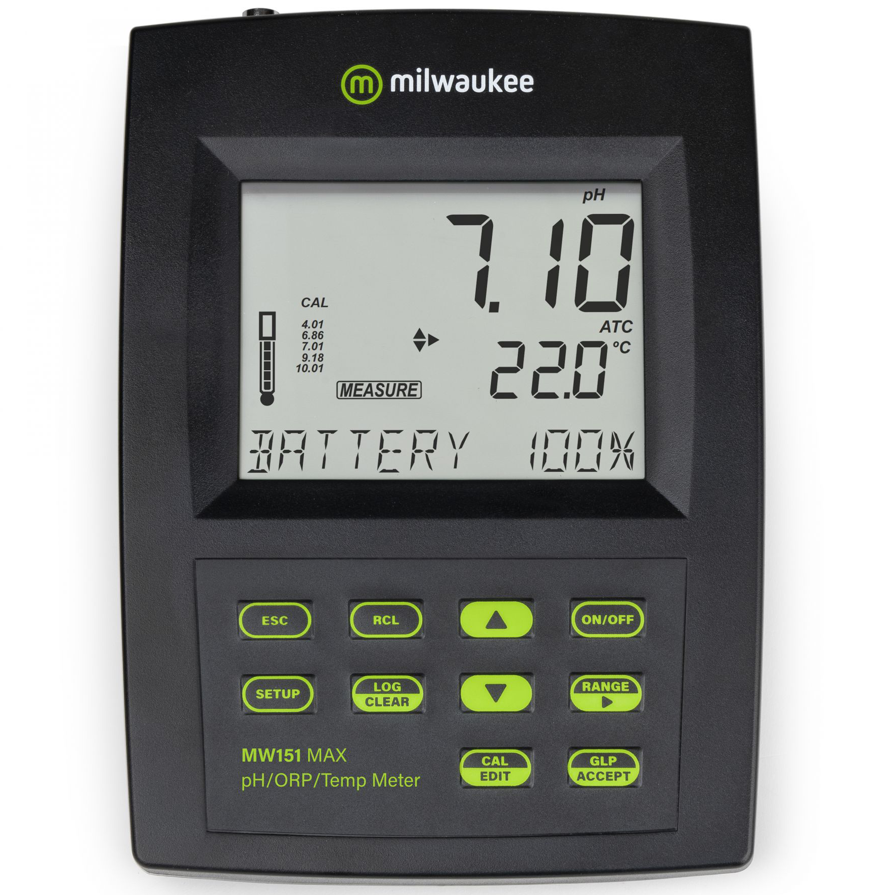 Milwaukee Medidor de mesa (MW151) pH/ORP/Temperatura/Logger Medidor de pH digital preto da Milwaukee com ecrã LCD e botões cinzentos e verde neon.
