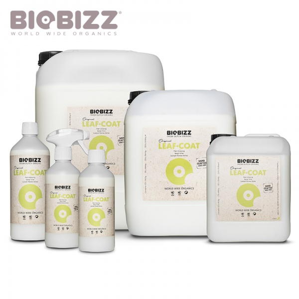 Leaf Coat 1L Produtos Biobizz Leaf-Coat em várias embalagens brancas com rótulos creme e detalhes verdes