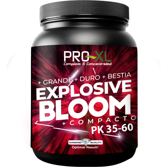PRO-XL Explosive Bloom Frasco preto de suplemento EXPLOSIVE BLOOM PK 35-60 com etiqueta vermelha e texto branco