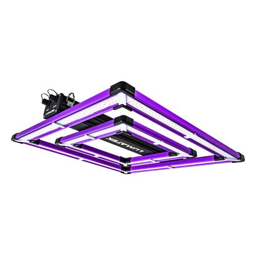Led Lumatek Attis 200W PRO Luminária LED retangular com tubos roxos e brancos em estrutura metálica.