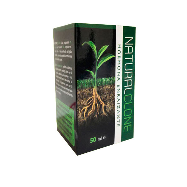 Natural Clone Embalagem de NaturalClone hormônio enraizante com imagem de planta e raízes