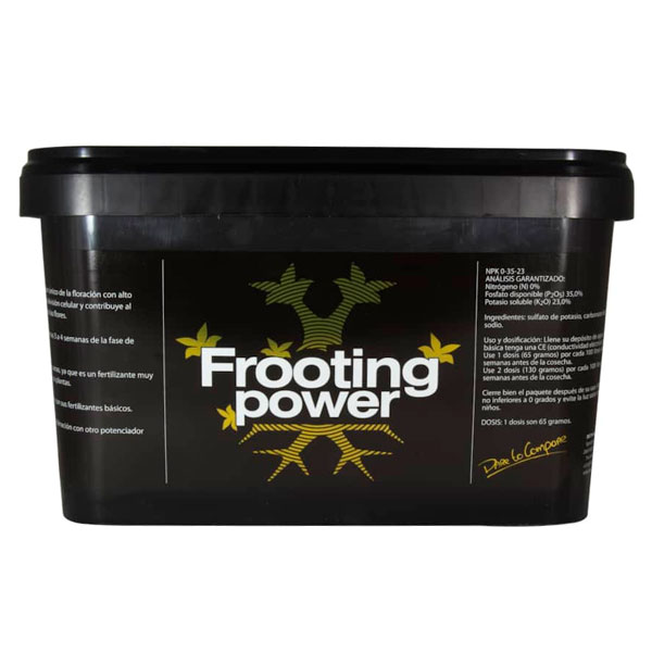 Frooting Power - 5 Kg. BAC Recipiente preto de plástico com rótulo Frooting power e texto informativo sobre fertilizante