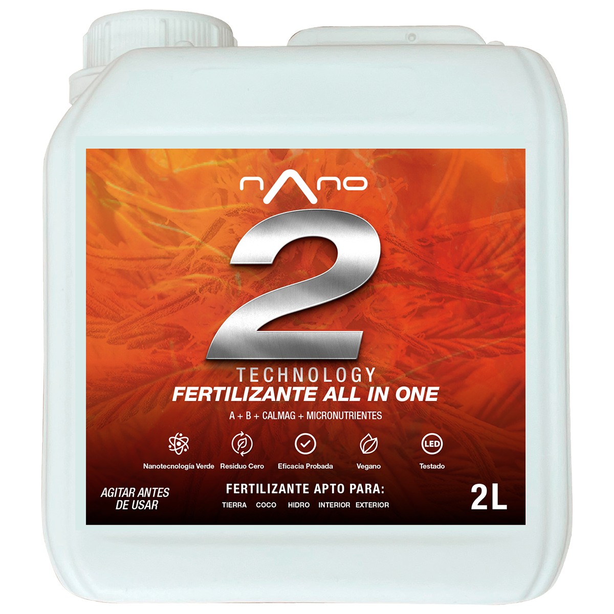 Nano 2 Fertilizante All in One para Floração e Finalização Frasco branco com etiqueta laranja de fertilizante líquido Nano 2 Technology 2L.