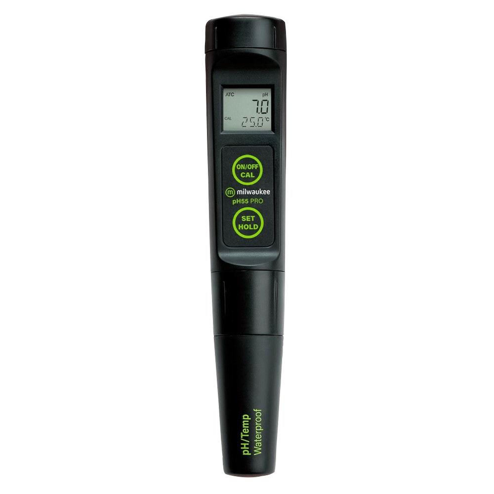 MILWAUKEE WATERPROOF PH/TEMPERATURE MEDIDOR (PH55) Medidor digital tipo caneta preto Milwaukee PH55 PRO com visor LCD e botões verdes