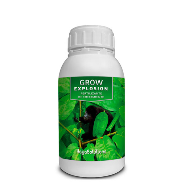 Grow Explosion - 500 ml. Kayasolutions Frasco branco com rótulo verde de fertilizante com imagem de macaco e folhas