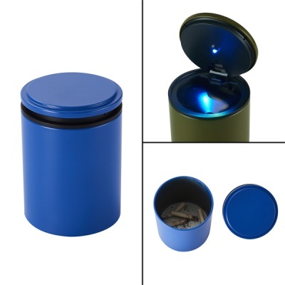 Cinzeiro portátil azul metálico com tampa e interior iluminado