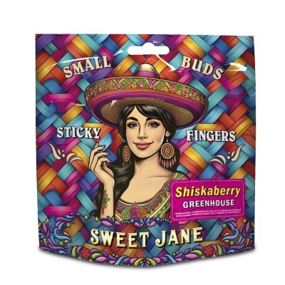 Embalagem colorida com padrão entrelaçado e retrato de mulher com chapéu mexicano