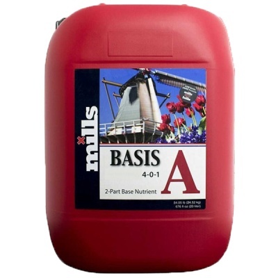 Recipiente vermelho com rótulo de nutriente base Mills BASIS A
