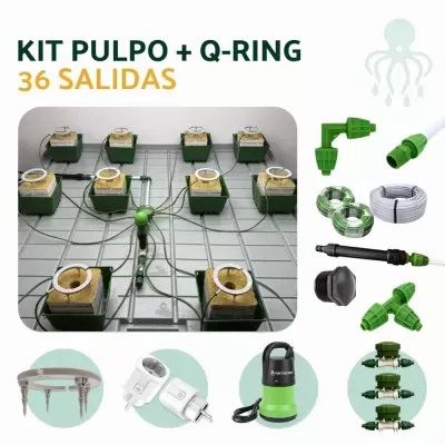 Kit de cultivo hidropônico com módulos verdes, blocos de cultivo amarelos e sistema de irrigação