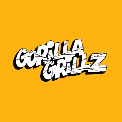 Logótipo com texto 'GORILLA GRILLZ' em letras brancas sobre fundo laranja