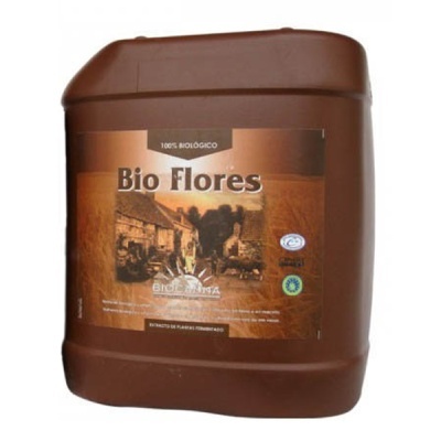 Recipiente plástico castanho com etiqueta de Bio Flores 100% biológico