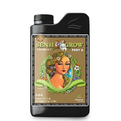 Frasco plástico preto com etiqueta colorida SENSI coco GROW PART A e imagem de mulher estilizada