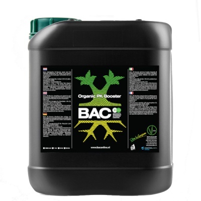 Recipiente preto de BAC Organic PK Booster com rótulo colorido e tampa verde