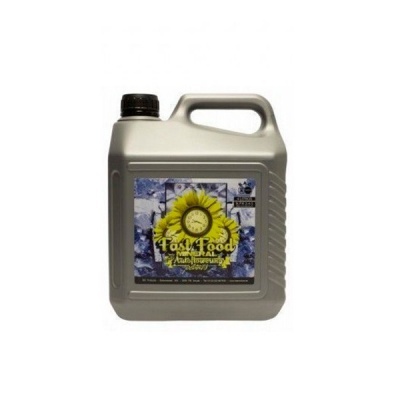 Recipiente plástico cinzento com rótulo de girassol e texto Fast Food