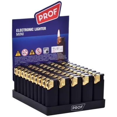 Expositor de isqueiros eletrónicos mini preto e dourado da marca PROF