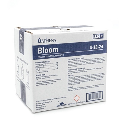 Caixa de fertilizante solúvel para flores Bloom da Athena com texto detalhado na embalagem