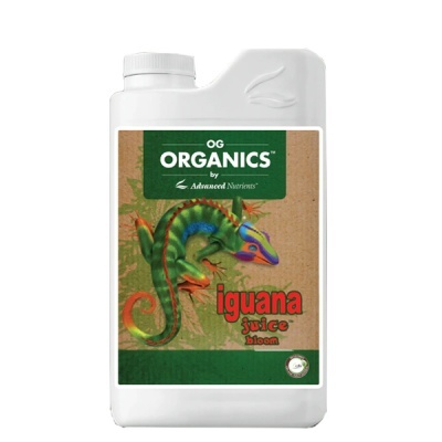 Frasco branco com etiqueta colorida de iguana e texto OG ORGANICS Iguana Juice Bloom