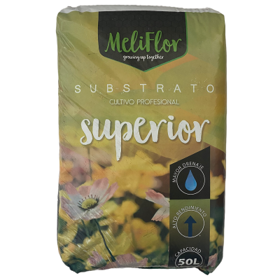 Saco de substrato Meliflor para cultivo profissional, 50L, com flores na embalagem