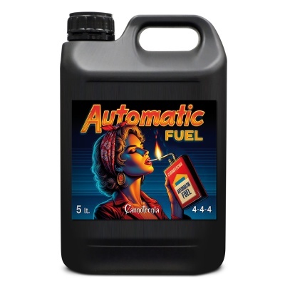 Frasco preto com rótulo colorido e texto Automatic FUEL
