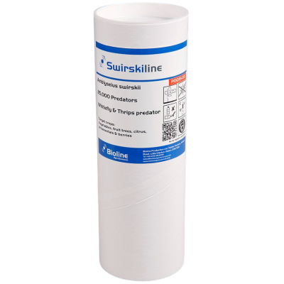 Embalagem branca cilíndrica do produto Swirskiline contendo texto e instruções em azul e preto
