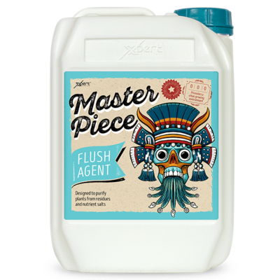 Recipiente branco com rótulo Master Piece Flush Agent e arte de caveira colorida