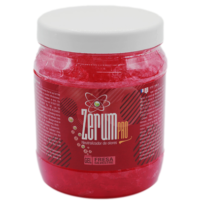 Frasco de gel vermelha para neutralizar odores com rótulo vermelho e tampa branca