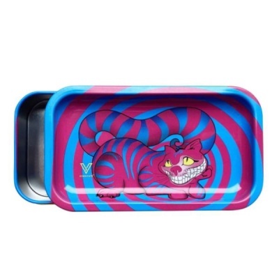 Tabuleiro metálico colorido com gato sorridente em padrão espiral