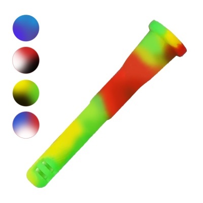 Objeto tubular colorido em vermelho, verde e amarelo com quatro círculos coloridos à esquerda