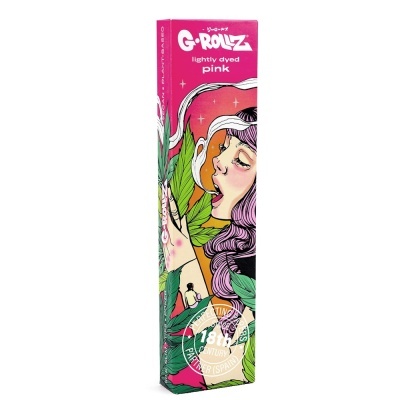 Embalagem rosa G-Rollz com ilustração de mulher e folhas verdes