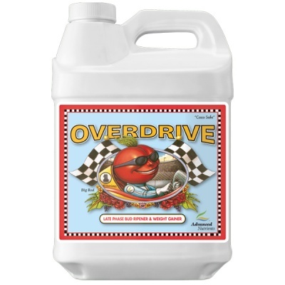Frasco branco com rótulo colorido e texto OVERDRIVE e imagem de tomate com óculos