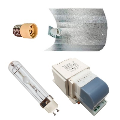 Peças para iluminação incluindo soquete cerâmico, refletor metálico prateado, lâmpada tubular de vidro e balastro elétrico branco e cinza