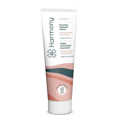 Tubo de creme relaxante e aquecedor Harmony WARMUP branco com detalhes rosas e verdes