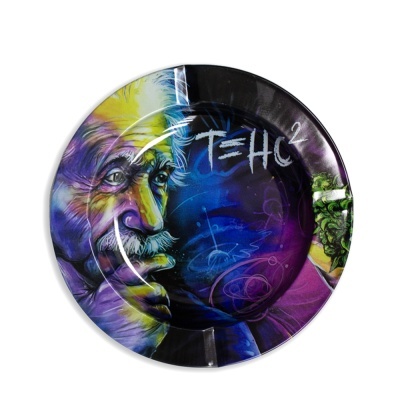 Prato decorativo com arte colorida de Albert Einstein e fórmula T=HC²